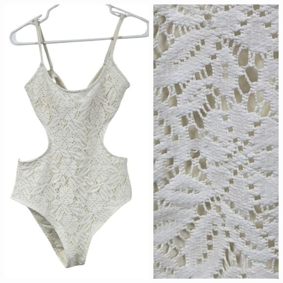 Aerie NEW Crochet Ivory Lace Swimsuit One-Piece Cheeky Cut Out Padded Tie Back - Picture 1 of 14